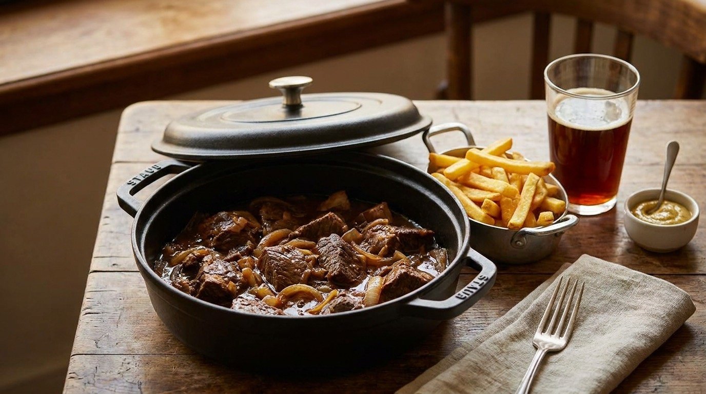 Carbonnades flamandes à la bière brune, frites maison et bière locale