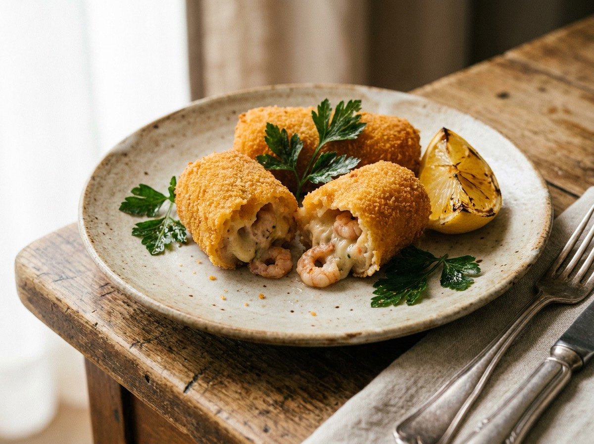 Croquettes de crevettes grises, persil frit et citron